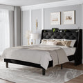 Feonase Queen Bed Frame with Luxury Wingback Upholstered Button Tufted Storage Headboard, Queen Platform Bed with Charging Station, Sturdy Wooden Slats Support, Noise-Free, Easy Assembly, Black