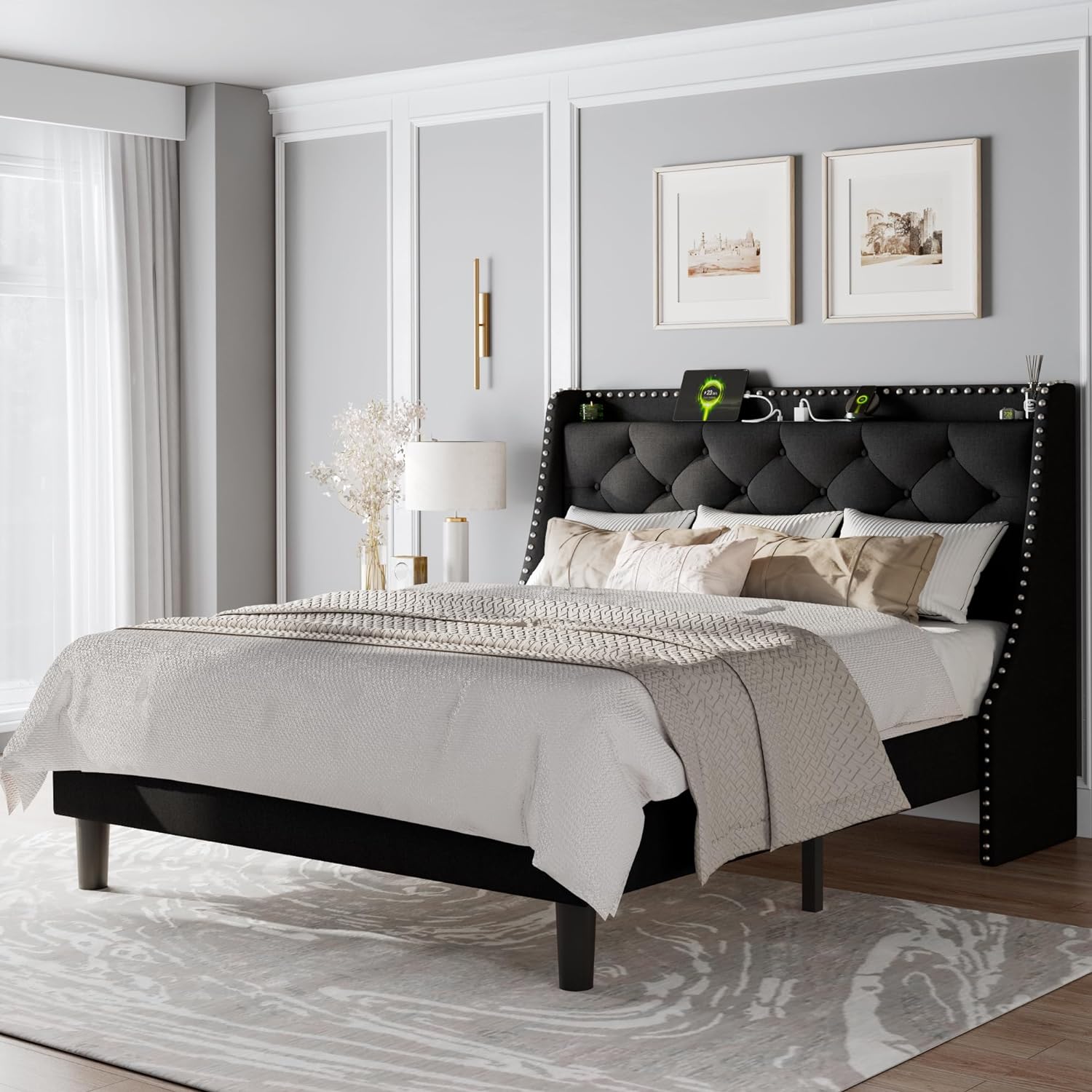 Feonase Queen Bed Frame with Luxury Wingback Upholstered Button Tufted Storage Headboard, Queen Platform Bed with Charging Station, Sturdy Wooden Slats Support, Noise-Free, Easy Assembly, Black