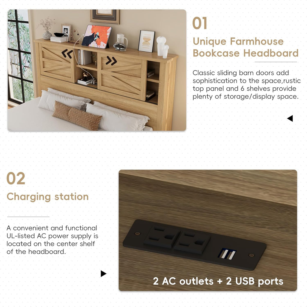 Harper & Bright Designs 3-Pieces Bedroom Sets Queen Size Farmhouse Platform Bed with Double Sliding Door Storage Headboard and Charging Station, Storage Nightstand and Dresser, Natural