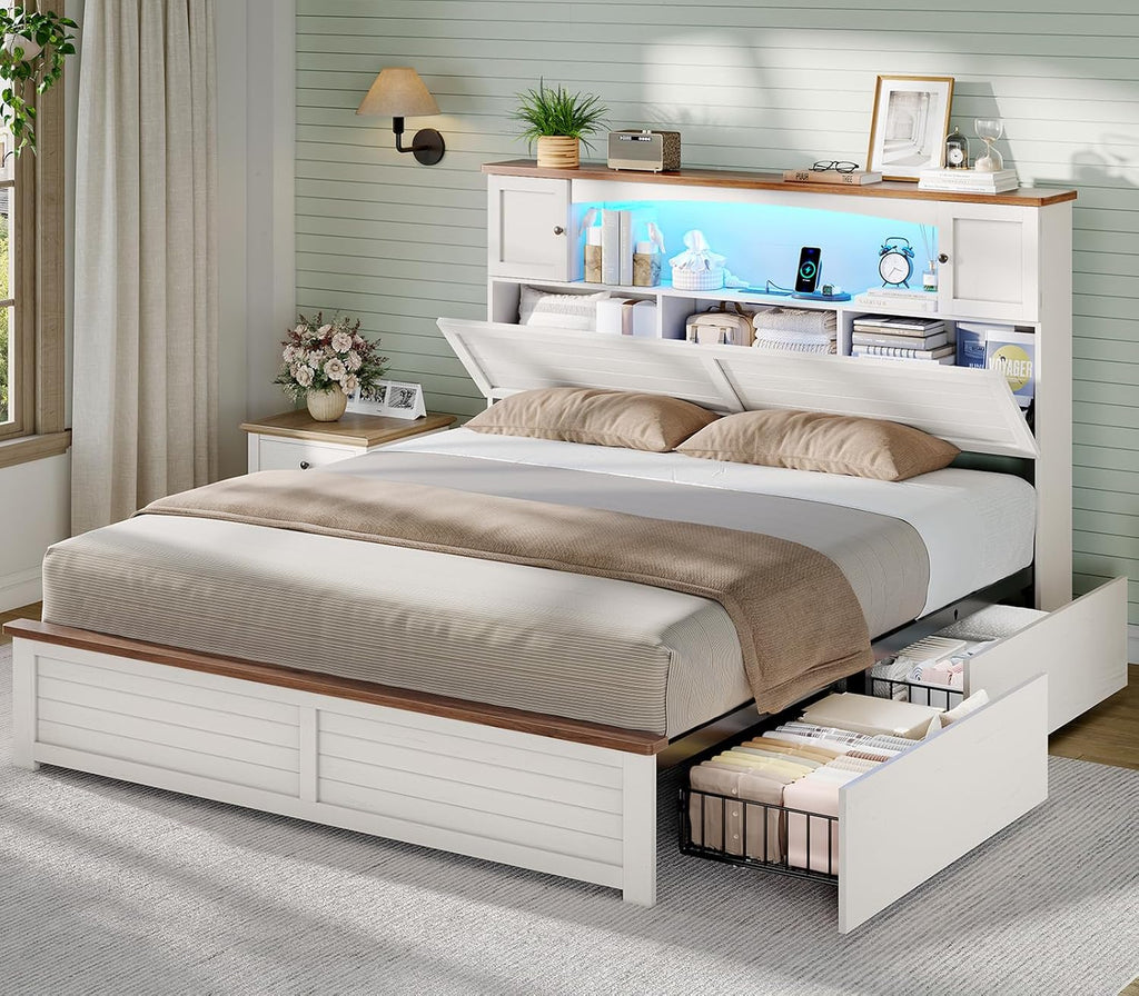 MSmask Farmhouse Bed Frame Full Size with Bookcase and Storage Cabinets Headboard, Wood Platform Bed with LED Lights, Charging Station, 4 Drawers, Decoration Footboard, No Box Spring Needed, White