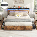 Kiivakii King Size Bed Frame with 4 Storage Drawers, LED Platform Bed with Headboard, Built in Charging Station, Noise-Free, Metal Support Base, No Box Spring Needed, Rustic Brown