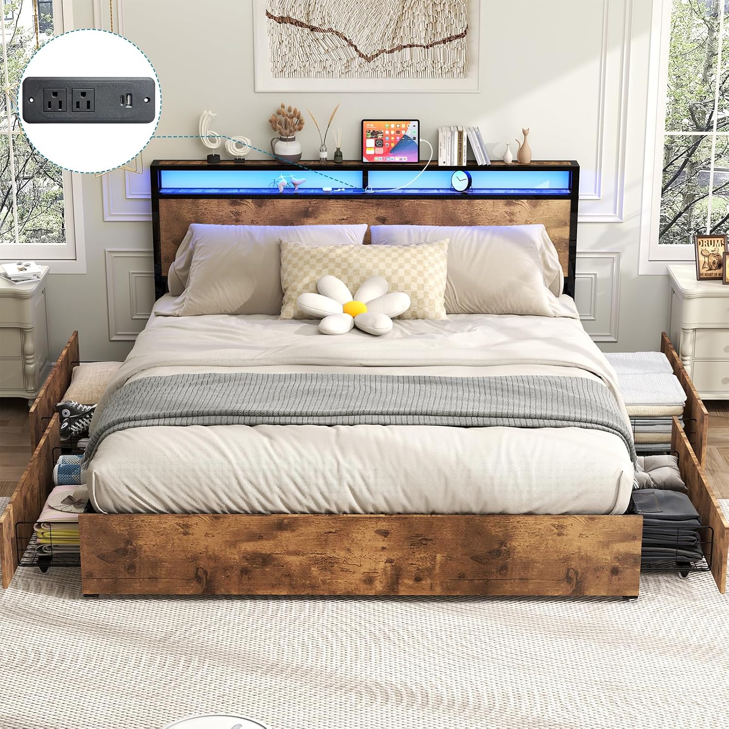Kiivakii King Size Bed Frame with 4 Storage Drawers, LED Platform Bed with Headboard, Built in Charging Station, Noise-Free, Metal Support Base, No Box Spring Needed, Rustic Brown