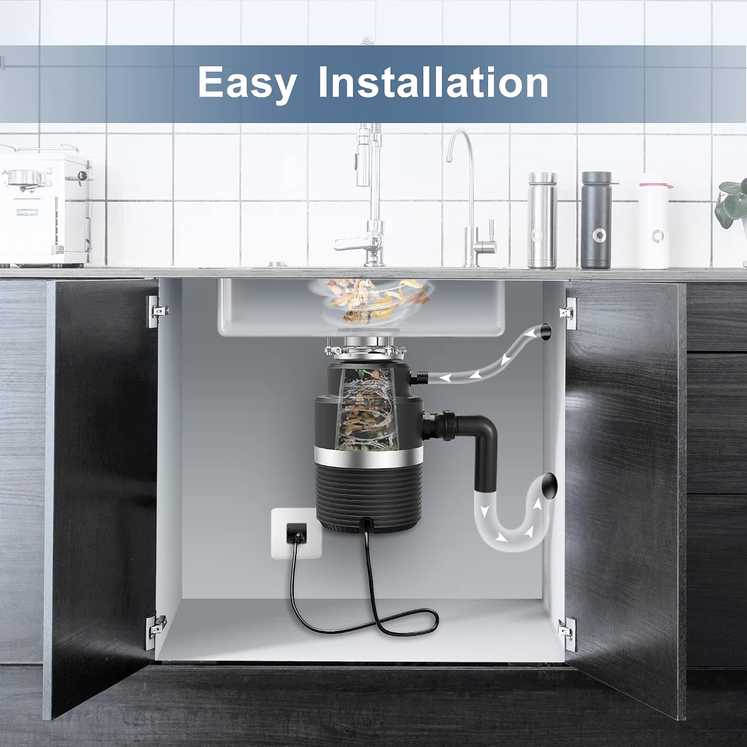 Trifecte Series 1 HP Continuous Feed Garbage Disposal with Sound Reduction, Power Cord, Stainless steel Flange,Splash Guard, Wrench Included, Black