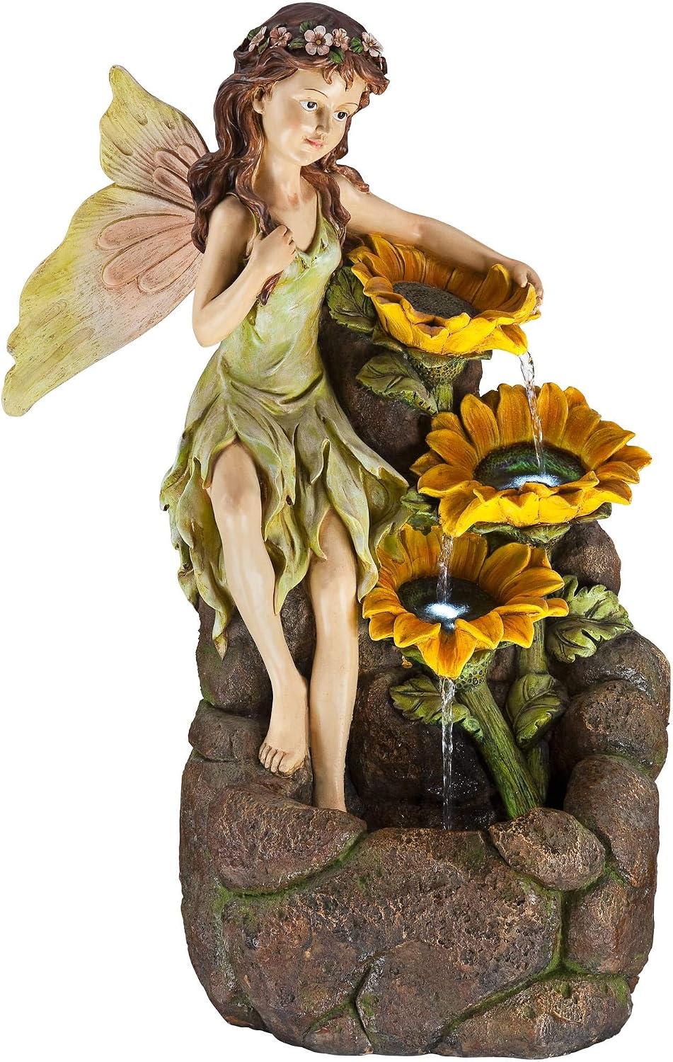 Garden Fairy with Sunflowers 26' High Large Modern Indoor Outdoor Cottage Core Decor Faux Stone Floor Fountain with Light LED Cascading Water Feature for Outside Patio Yard Backyard - John Timberland