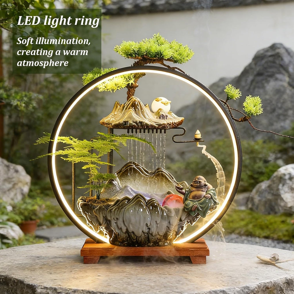 Tabletop Fountain with LED Light, Indoor Waterfall Fountain with Water Wheel & Wood Base, Chinese-Style Creative Water Feature for Office Living Room Bedroom(A)
