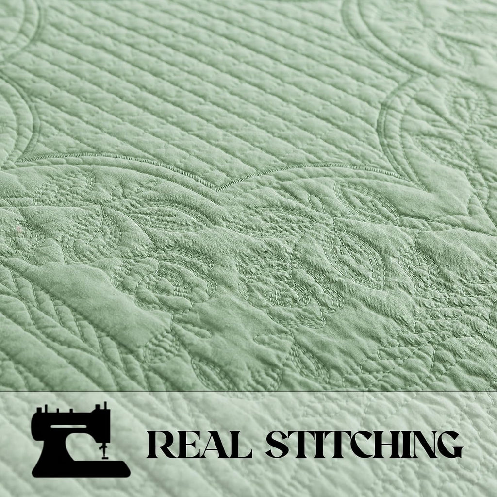 Brandream Queen Size Quilt Set Cotton Sage Green Quilts Cottage Core Bedding Matelasse Coverlet Set 3-Piece