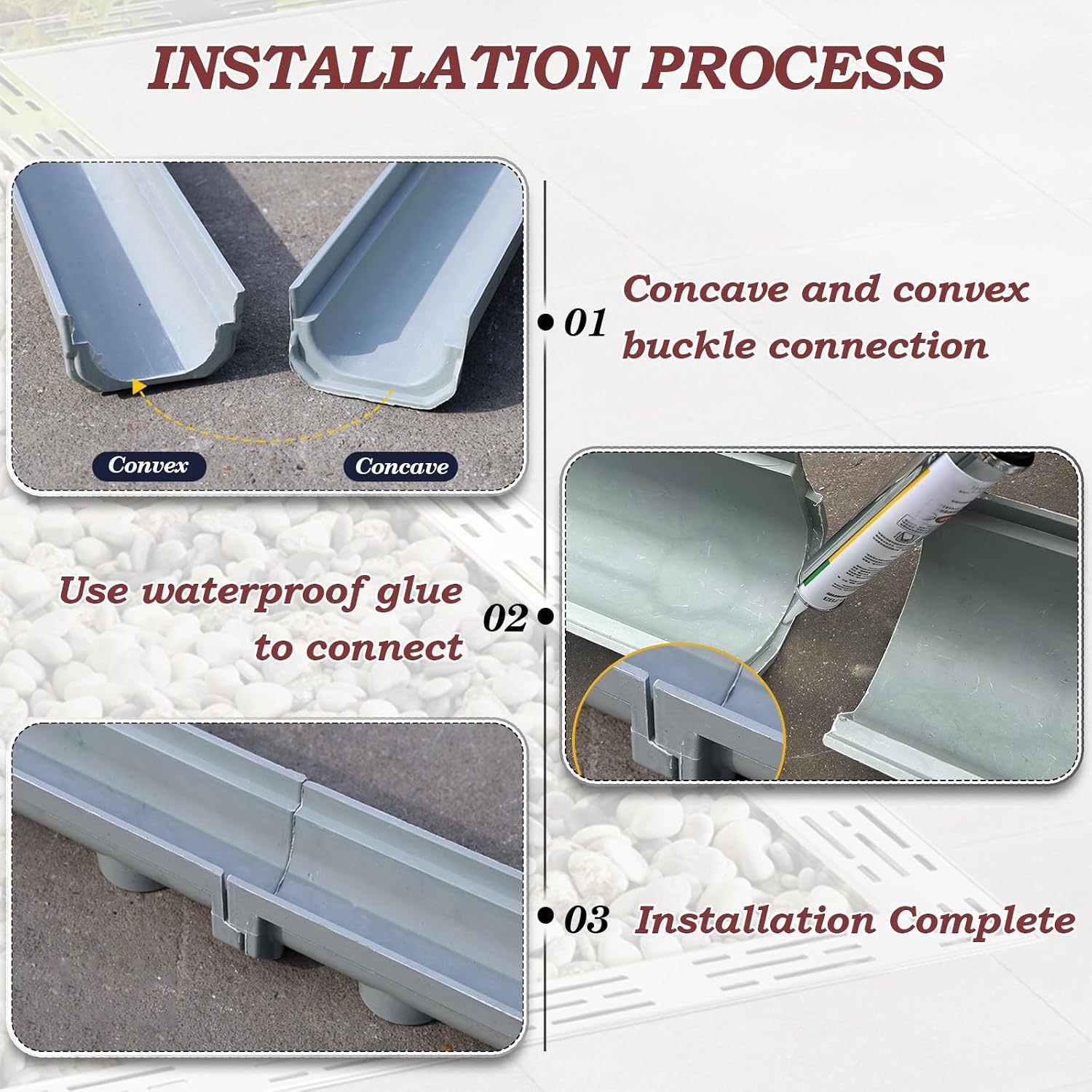 Trench Drain with 304 Stainless Steel Grate,French Drain Kit for Yard,Pebble Filling,Convenient Assembly,for Yard Concrete Garden