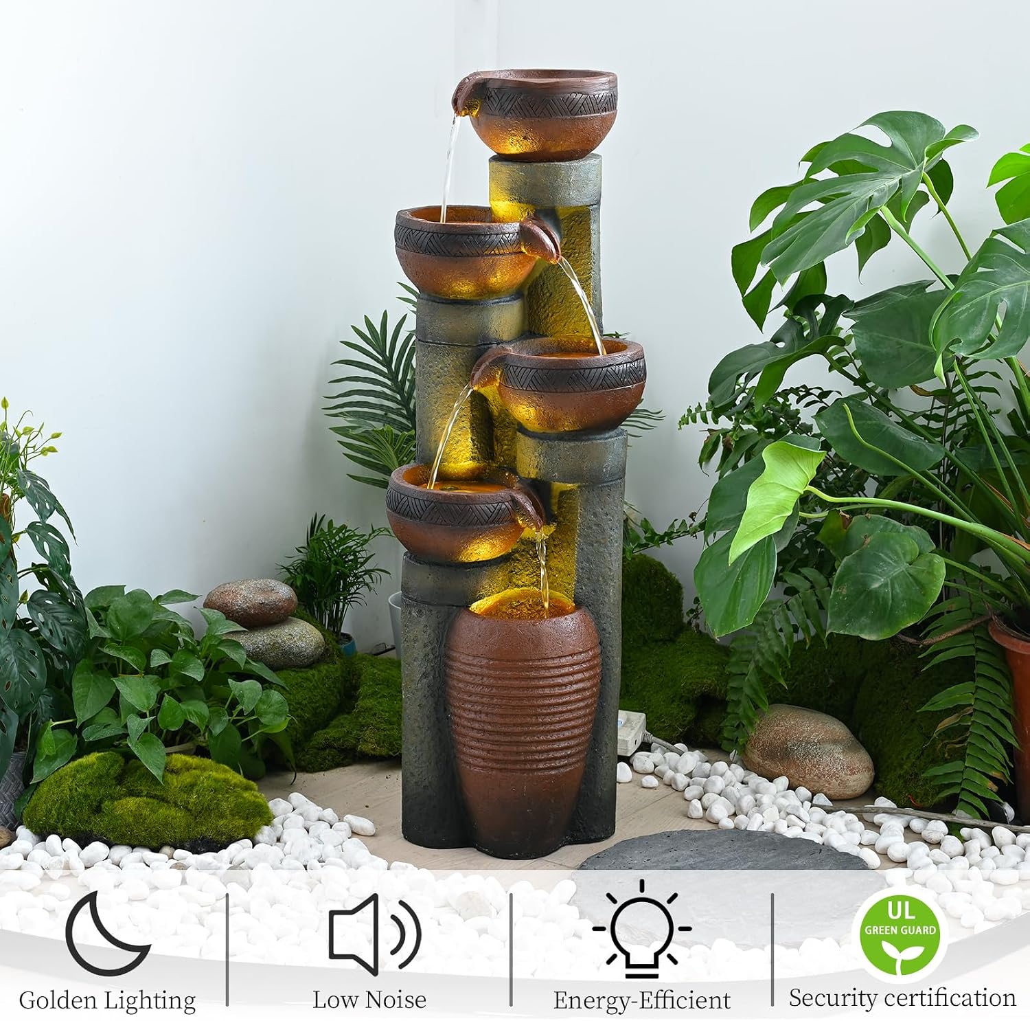 39.7''H 5-Tier Relaxing Outdoor Indoor Garden Water Fountain Decor - for Contemporary Design for Garden, Patio, Deck, Porch, Backyard and Home Art Decor Brown