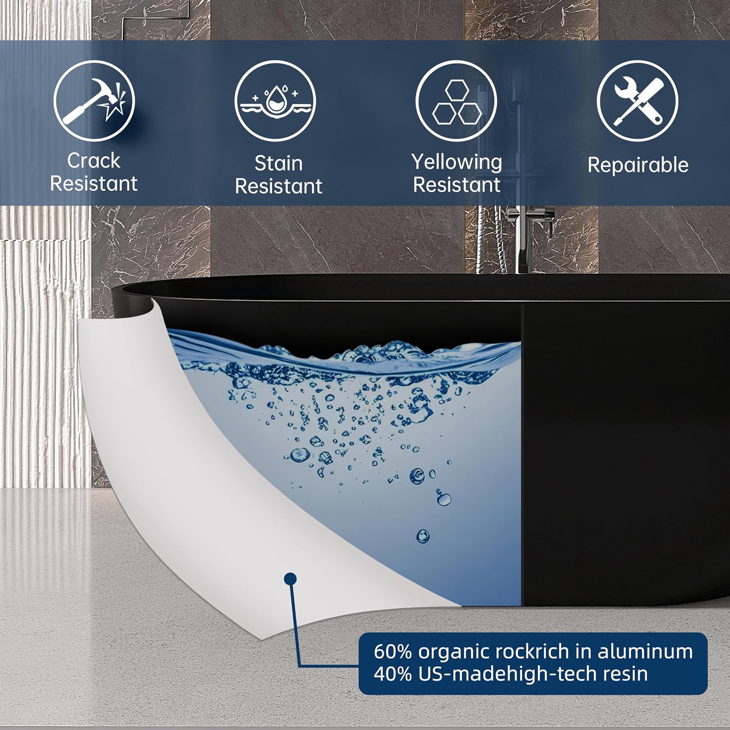 59'' Resin Stone Freestanding Bathtub, Matte Black Soaking Tub Solid Surface Modern Tubs with Overflow and Pop-up Drain in