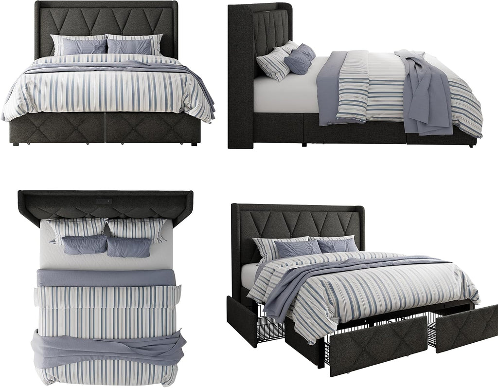 GalnFu Queen Bed Frame with 4 Storage Drawers, Upholstered Platform Bed with Charging Station, Modern Wingback Storage Headboard, Easy Assembly,Noise-Free, Dark Gray