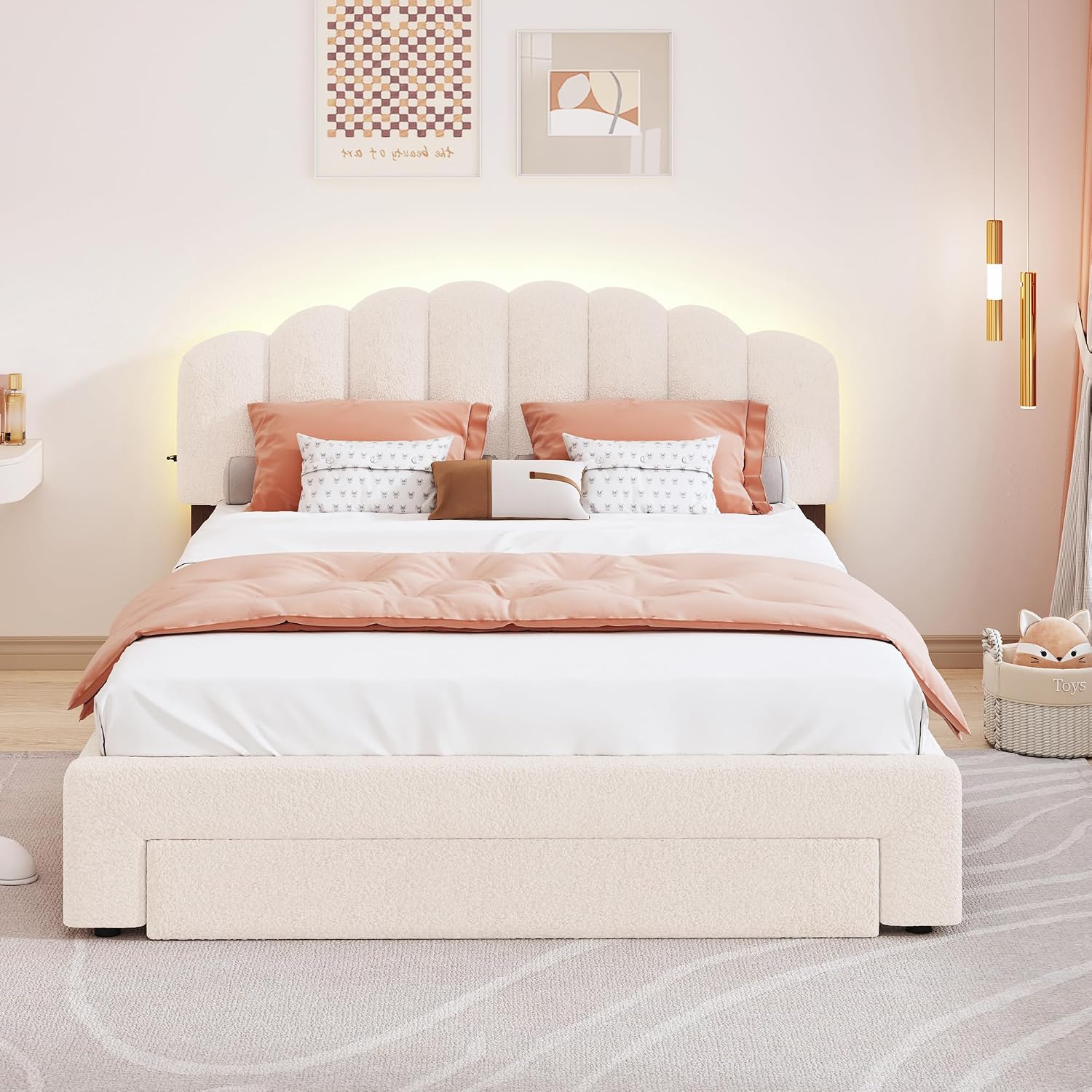 Queen Size Teddy Fleece Upholstered Platform Bed with Drawer,LED Bed Frame W/ 2 USB Ports,for Bedroom,Apartment,Guest Room,Beige