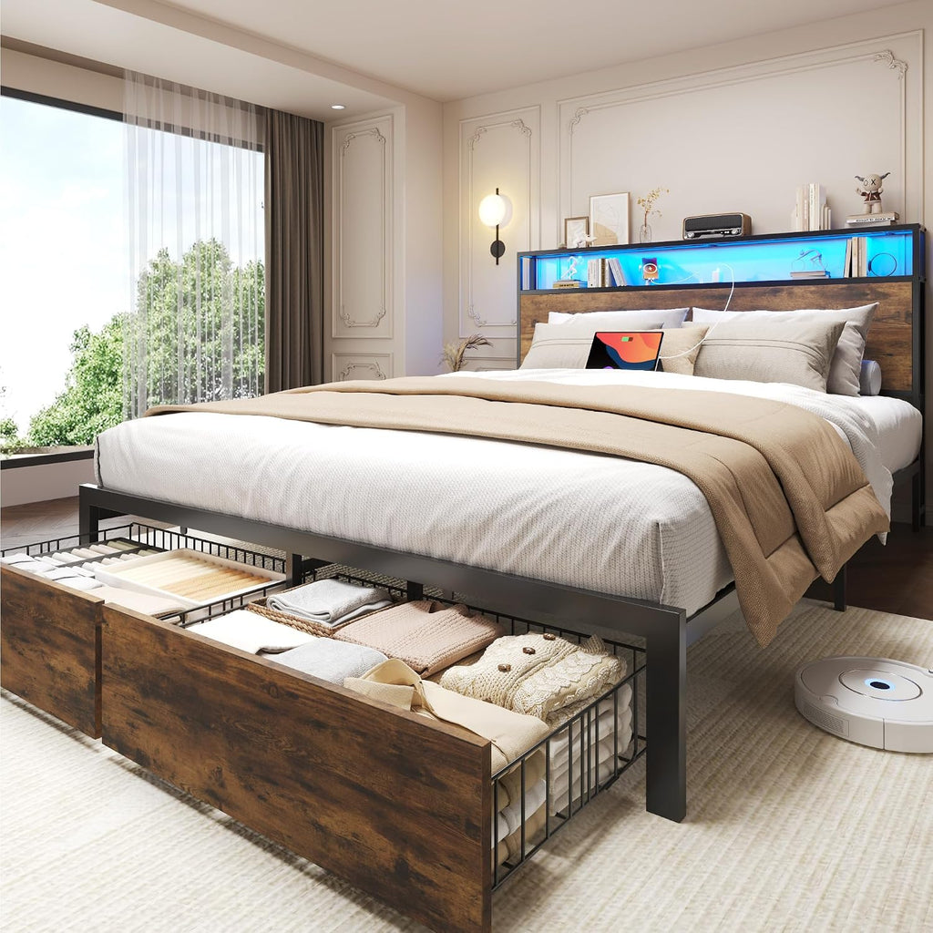 Lifezone Queen Bed Frame with 2-Tier Storage Headboard, Metal Bed Frame with Storage Drawers & Built-in Charging Station & LED, Noise-Free, No Box Spring Needed, Easy Assembly, Rustic Brown