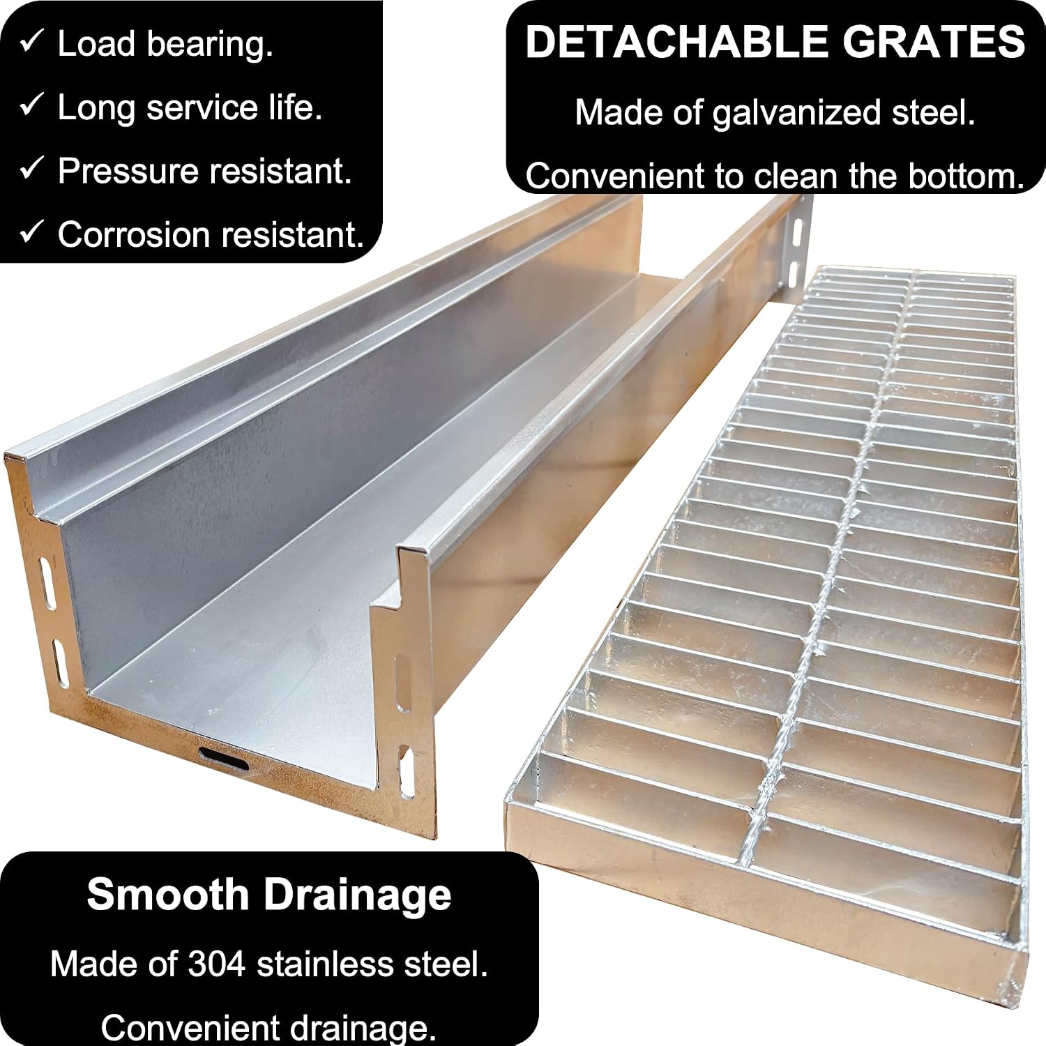 304 Stainless Steel Channel Drain with Galvanized Steel Grate 39.4x9x6 in, B-Class 28100 lbs Heavy-Duty Drain Kit for 3' Pipe, Trench Drainage System for Outdoor, Driveway, Garage, Yard