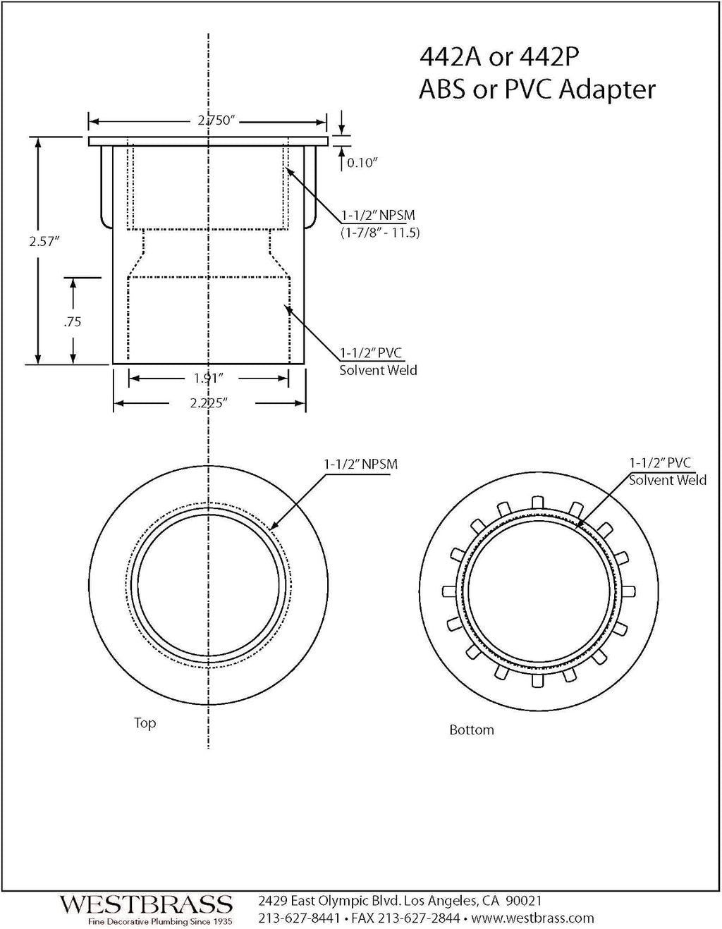 Westbrass 442A-48 1-1/2' NPMS Thread x 2-1/2' Straight Tub Drain Adapter with Slip Inlet, Sch 40 ABS Black (48-Pack)