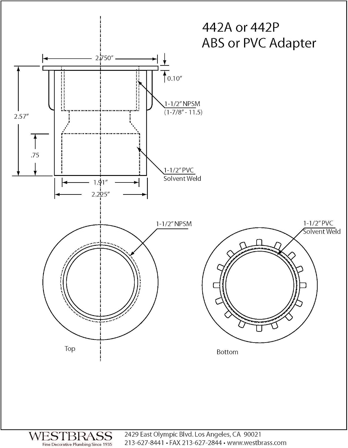Westbrass 442A-48 1-1/2' NPMS Thread x 2-1/2' Straight Tub Drain Adapter with Slip Inlet, Sch 40 ABS Black (48-Pack)