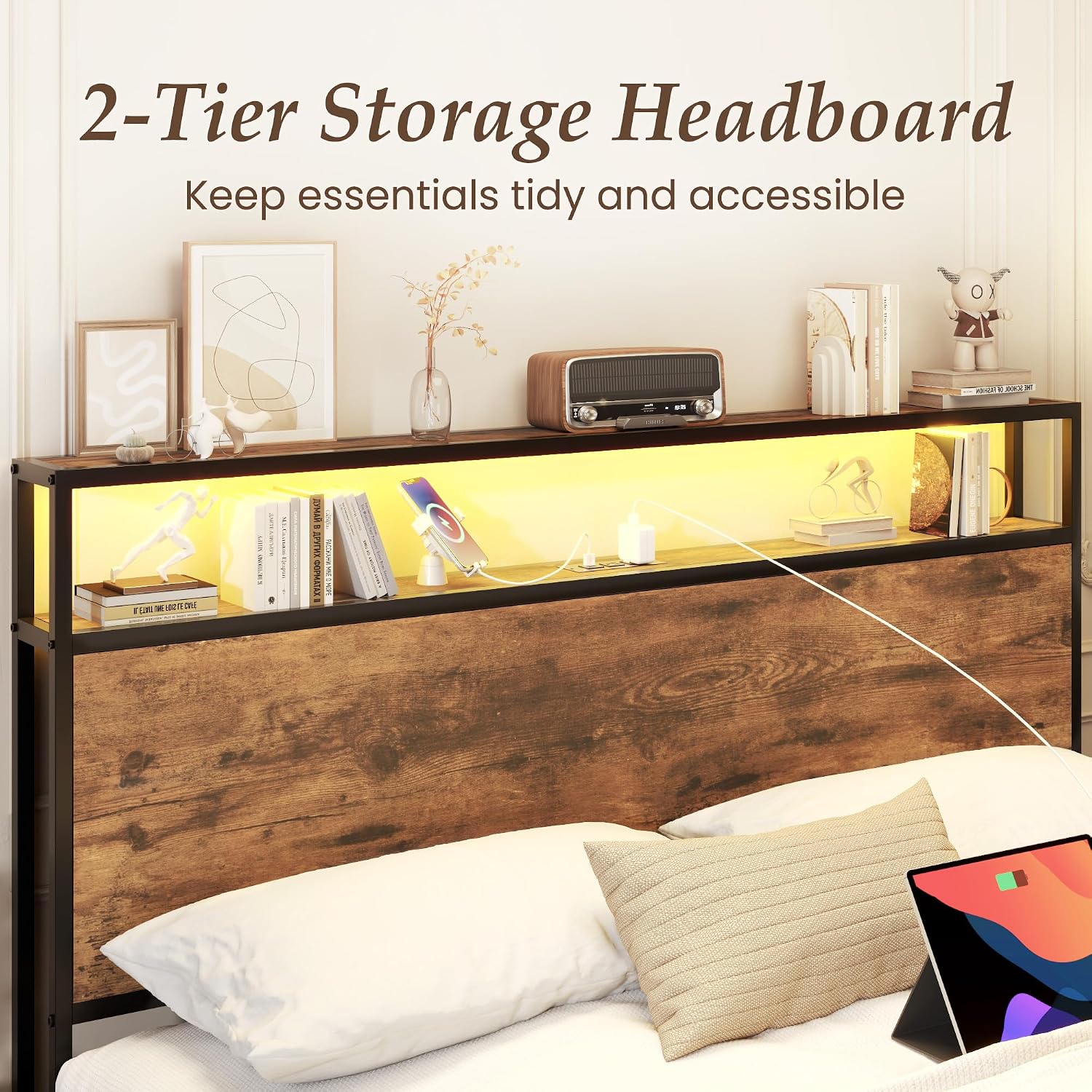 Lifezone Queen Bed Frame with 2-Tier Storage Headboard, Metal Bed Frame with Storage Drawers & Built-in Charging Station & LED, Noise-Free, No Box Spring Needed, Easy Assembly, Rustic Brown