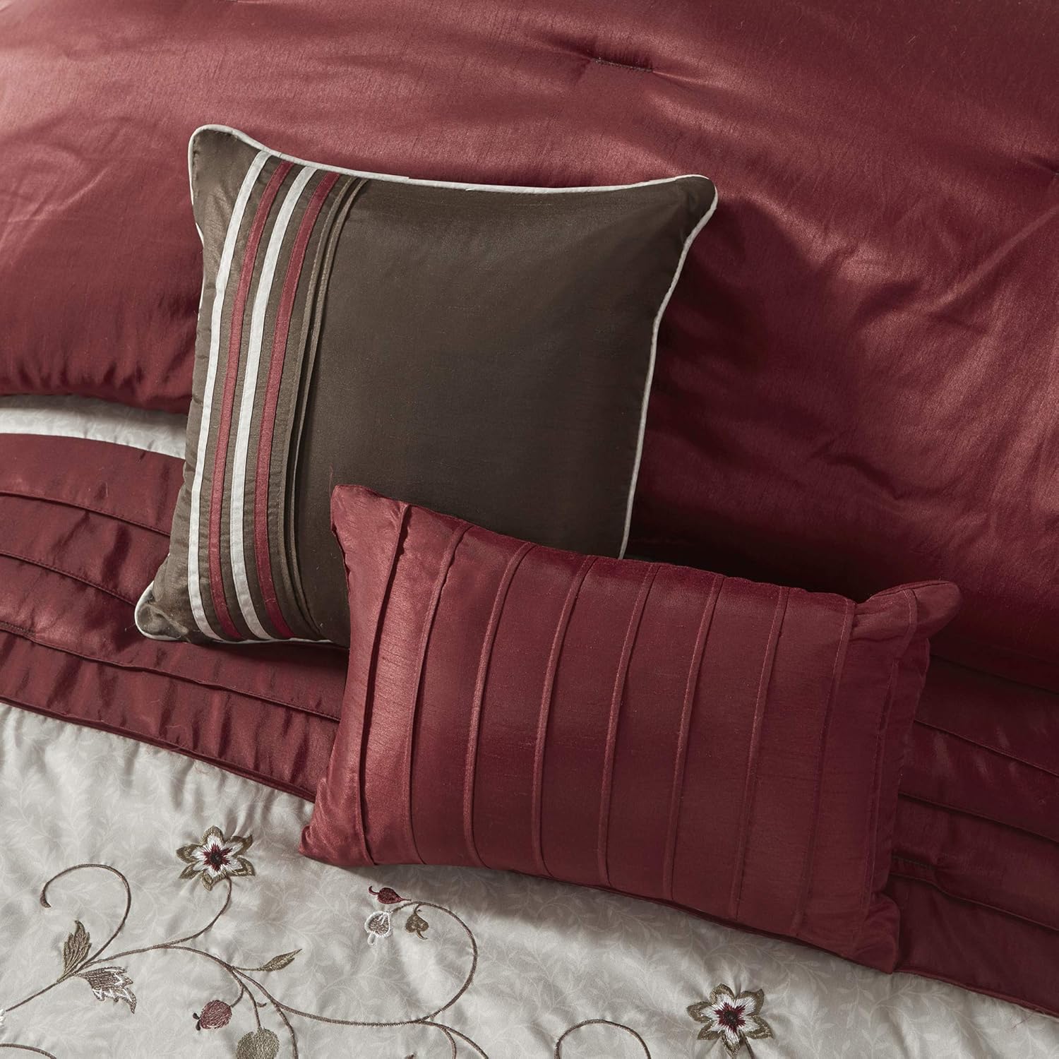 Madison Park Serene Faux Silk Comforter Set - Floral Embroidery Design, All Season Bedding Set, Matching Bed Skirt, Decorative Pillows, Red Cal King(104'x92') 7 Piece