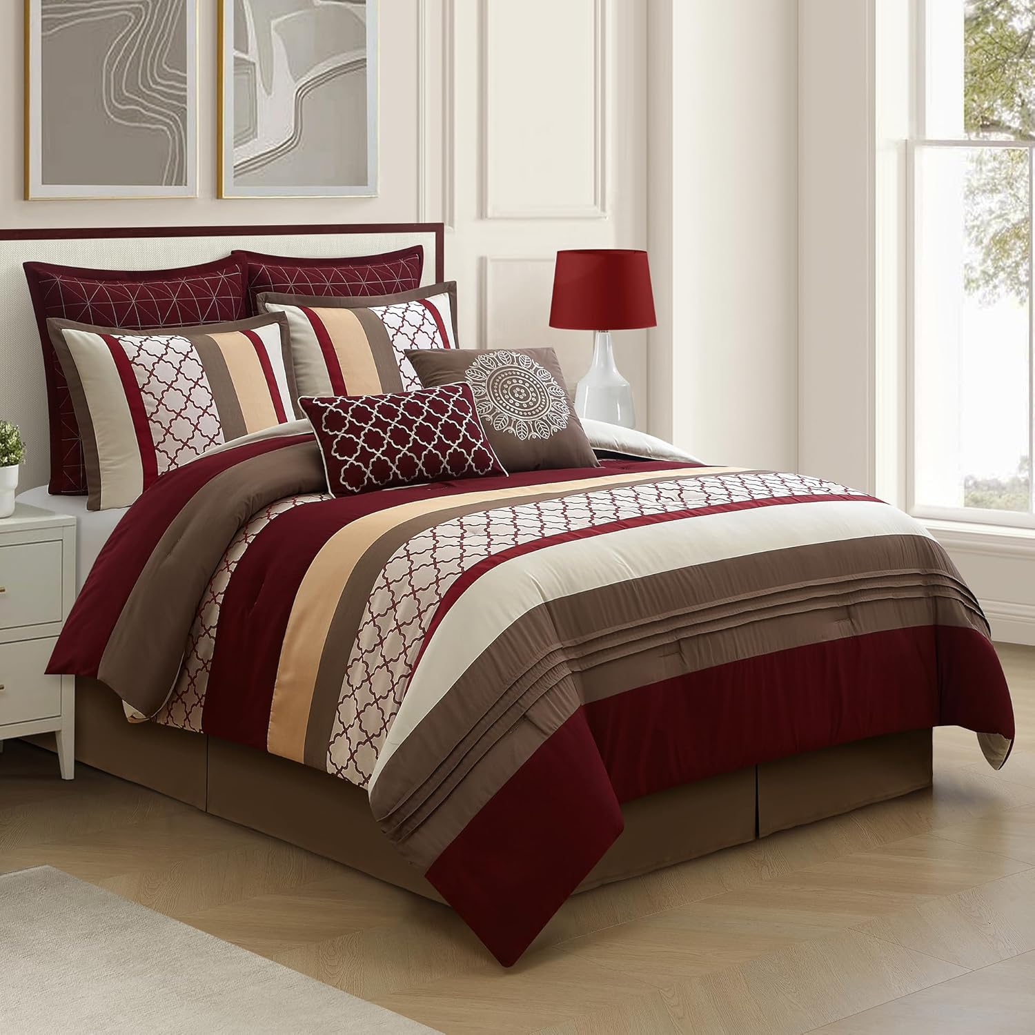 LANCO MODERN LIFESTYLE Queen Comforter Set, Berry Taupe Bedding Set, Jacquard Woven with Embroidery, 8 Pieces Bed in a Bag, Bed Skirt, Shams and Decorative Pillows