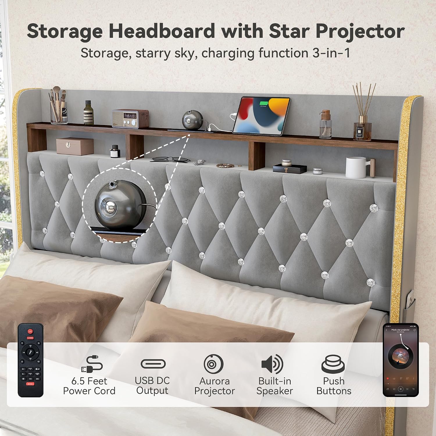 Torana Full LED Bed Frame with 2 Drawers, 53' Tall Platform Beds with Galaxy Star Projector Charging Station, Velvet Upholstered Diamond Tufted Aurora Bedframe with Storage Headboard, Grey