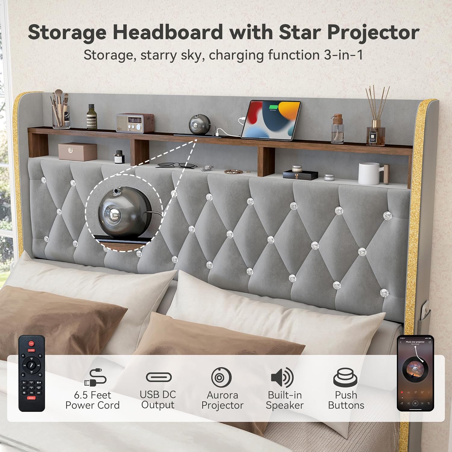 Torana Queen LED Bed Frame with 2 Drawers, 53' Tall Platform Beds with Galaxy Star Projector Charging Station, Velvet Upholstered Diamond Tufted Aurora Bedframe with Storage Headboard, Grey