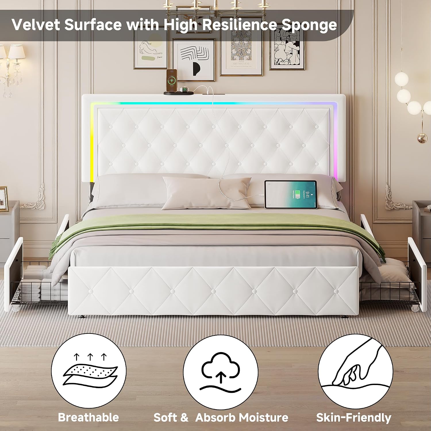 LED Full Bed Frame with 4 Storage Drawers and Adjustable Headboard, Modern Velvet Upholstered Platform Bed Frame Full Size with Charging Station, Wooden Slats Support, No Box Spring Needed, White