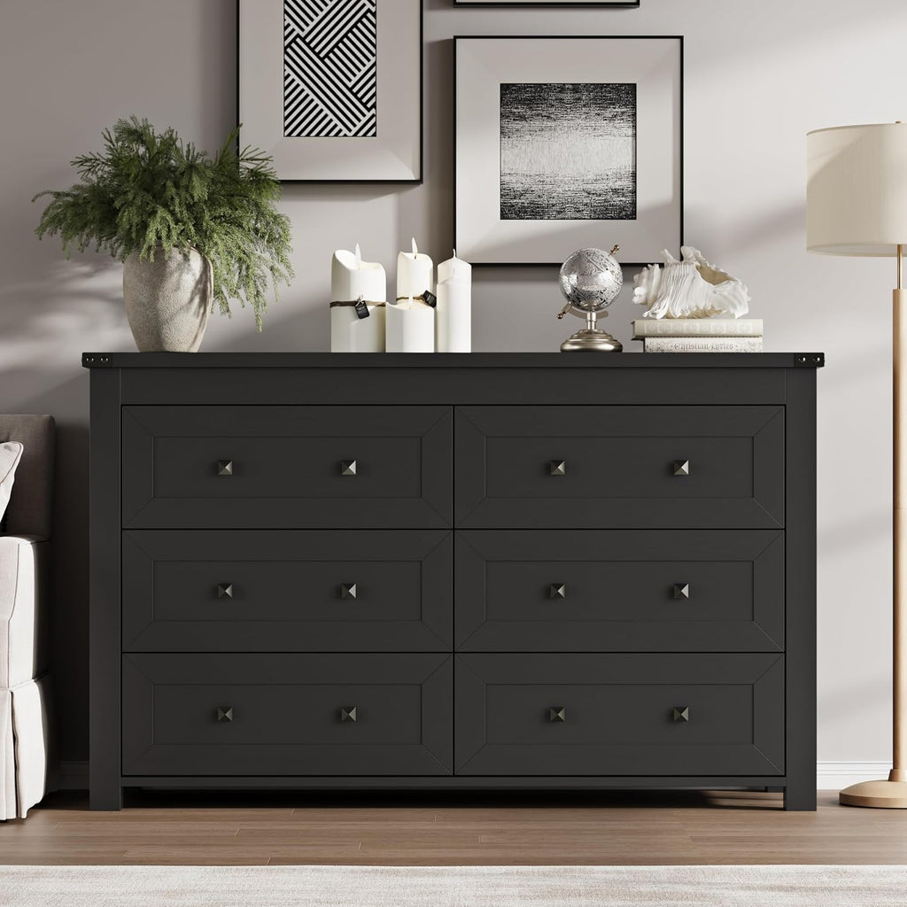 BORNOON 6-Drawer Dresser, Modern Wooden Storage Chest of Drawers, Dresser TV Stand, Wood Drawer Organizer with Metal Handles for Bedroom, Living Room, Hallway