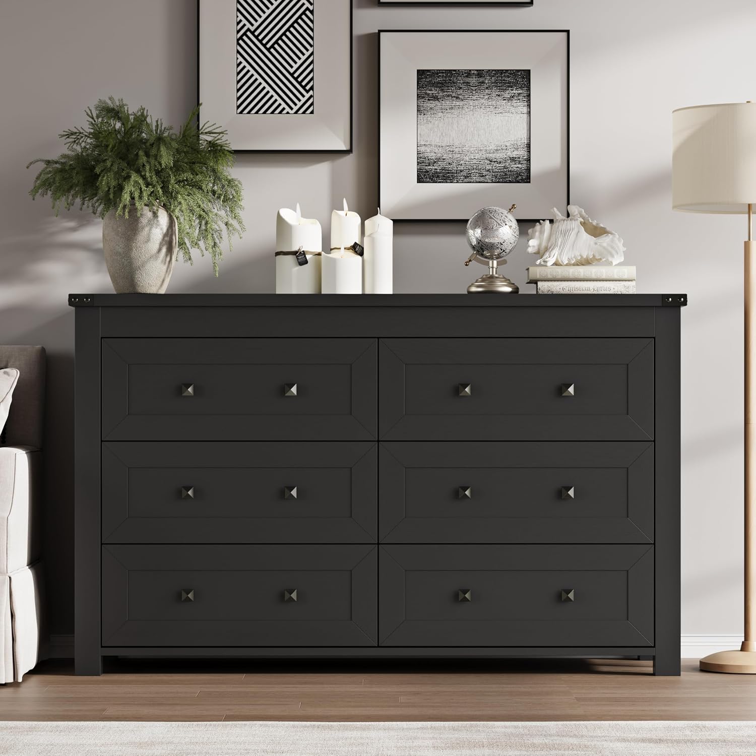 BORNOON 6-Drawer Dresser, Modern Wooden Storage Chest of Drawers, Dresser TV Stand, Wood Drawer Organizer with Metal Handles for Bedroom, Living Room, Hallway