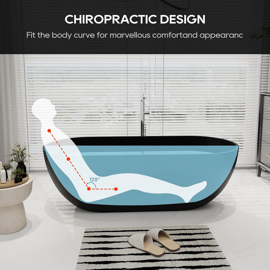 SJ STAR&JANE 69' Solid Surface Freestanding Bathtub Oval Stone Resin Soaking Tub Modern Stand Alone Tub with Overflow & Pop-up Drain, Matte Black for Bathrooms