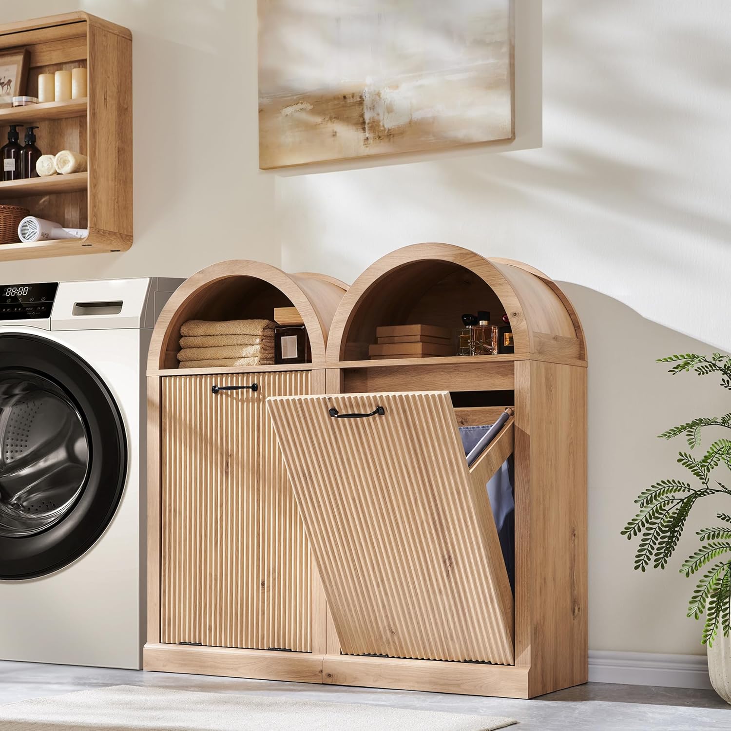 IFGET Arched Tilt-Out Trash Can Cabinet, Fluted 10 Gallon Trash Can Cabinet Set of 2, Modern Laundry Hamper, Hidden Garbage with Storage Basket for Kitchen, Living Room, Natural