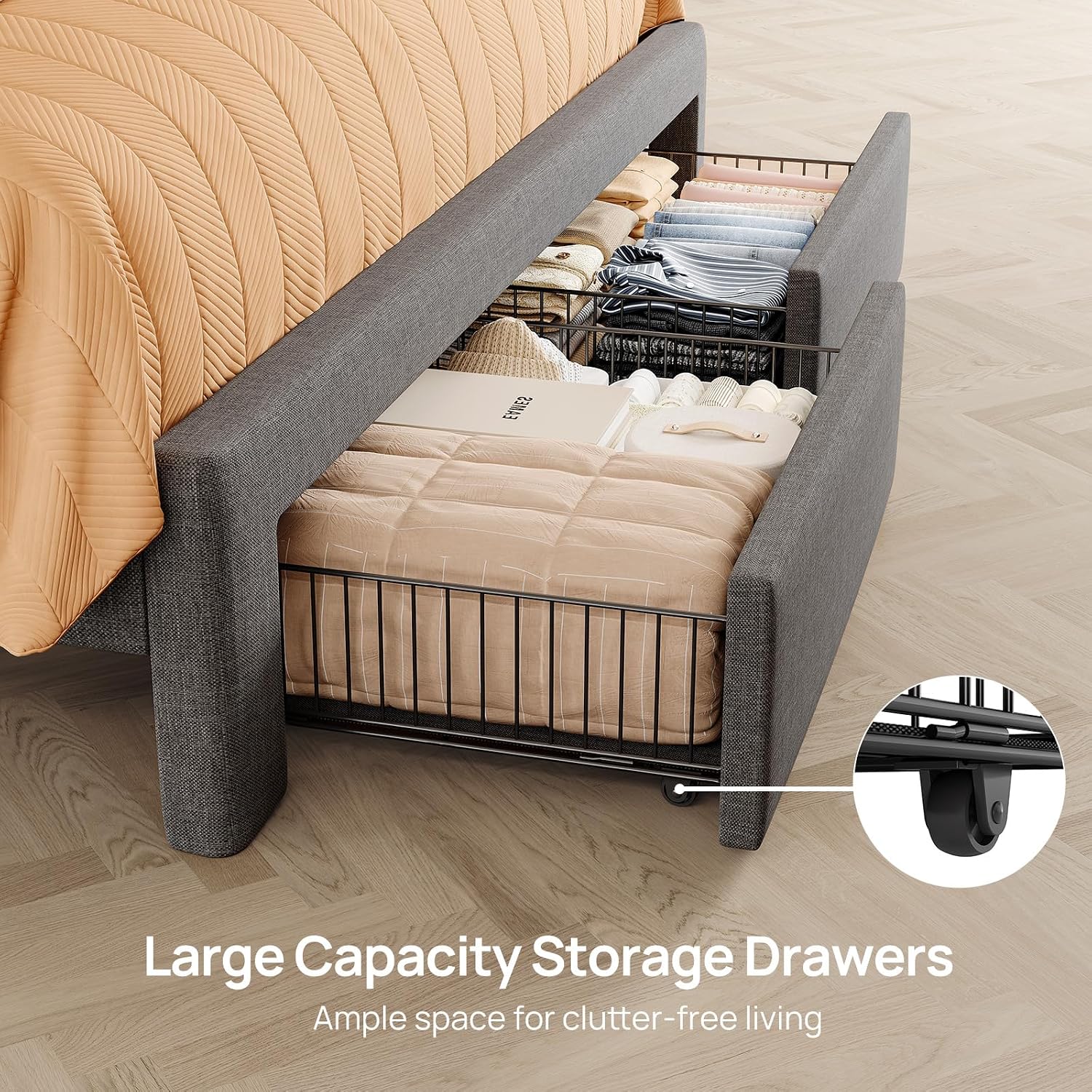 Rolanstar Full Bed Frame with Drawers, Storage Headboard with Charging Station and LED Lights, Upholstered Bed with Heavy Duty Wood Slats, No Box Spring Needed, Noise Free, Easy Assembly, Dark Grey