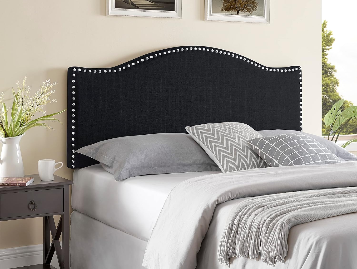 Naomi Home Catalina Queen Headboard – Upholstered Linen Tufted Panel with Nailhead Trim, Adjustable 12 Height Settings, Wall or Bed Frame Mount – Black
