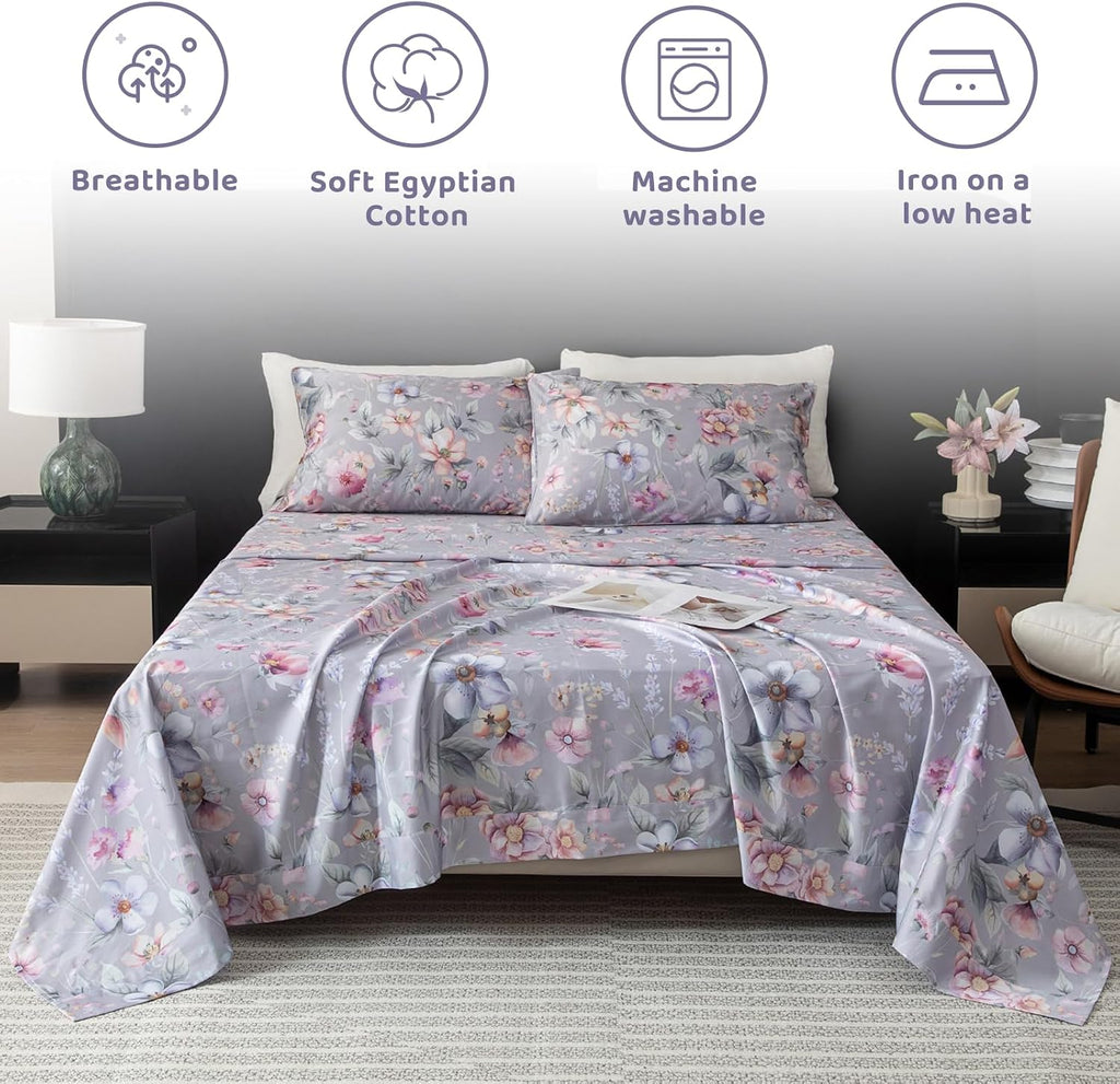 QSH Gray Floral Sheets Queen Size，Egyptian Cotton Sheets Queen Size Set Luxury Silk Feel Flowers Botanical Pattern Printed Bedding Sheet Extra Soft and Breathable 17.5' Deep Pockets Bed Sheet 4pcs