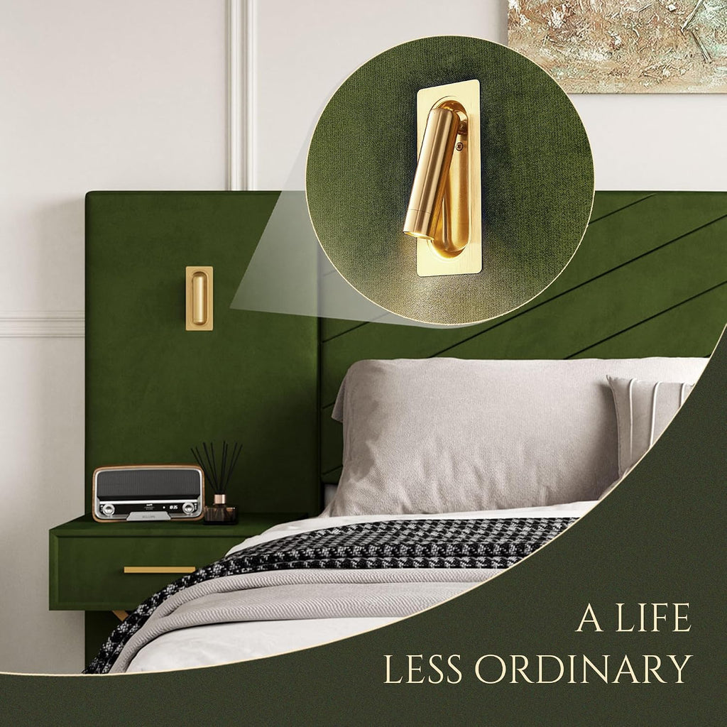Luxurious King Platform Bed Frame, Velvet Upholstered Headboard with 2 Built-in Wall Sconces & Nightstands, Sturdy Metal & Solid Wood Frame, Squeak-Free, No Box Spring Needed, Olive Green