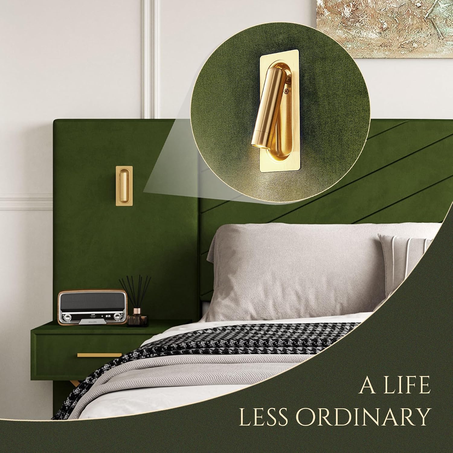 Luxurious King Platform Bed Frame, Velvet Upholstered Headboard with 2 Built-in Wall Sconces & Nightstands, Sturdy Metal & Solid Wood Frame, Squeak-Free, No Box Spring Needed, Olive Green