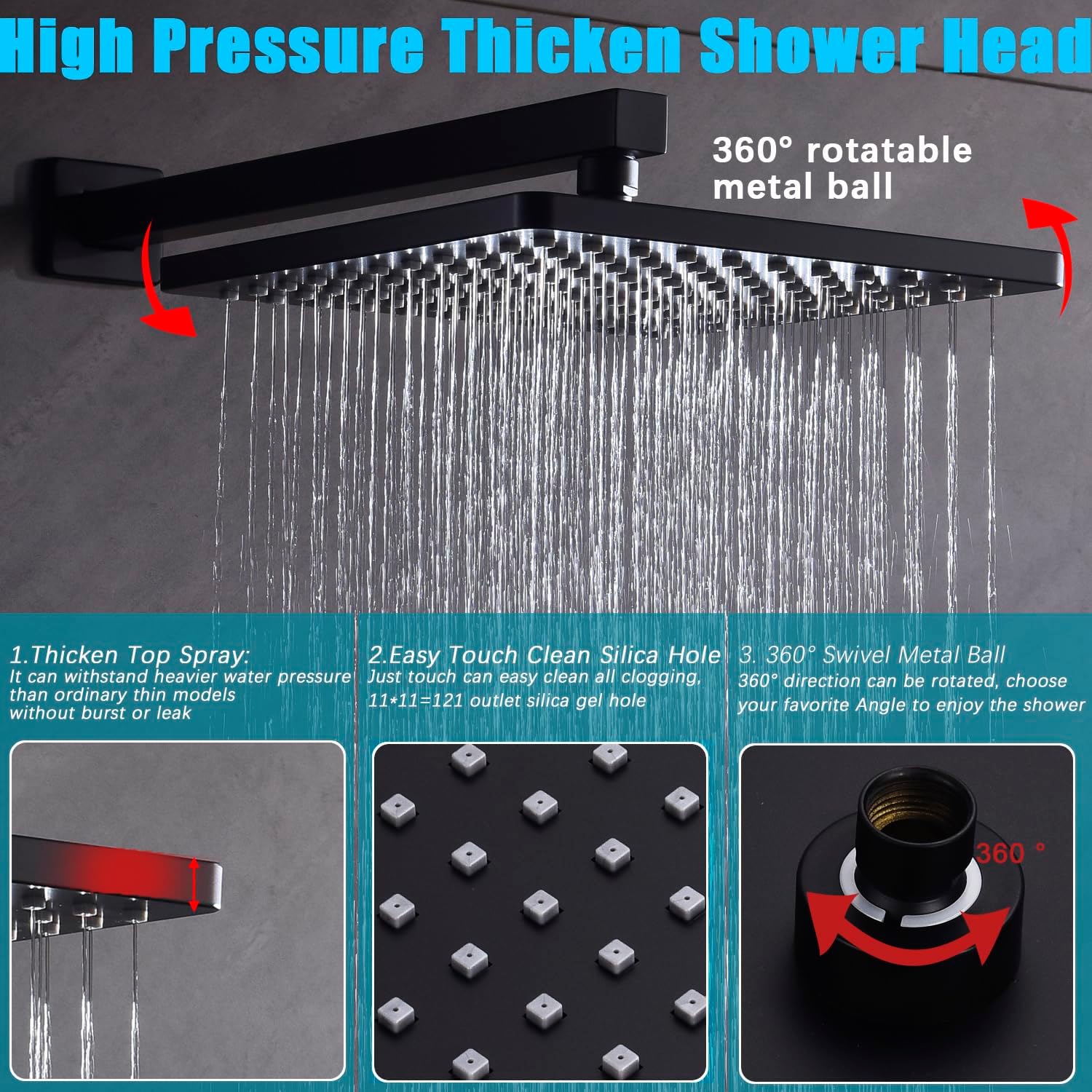 Shower System with Tub Spout 10 Inch Overhead Shower 4 Setting Handheld Spray Rough In Pressure Balance Valve Body with Trim Kit Wall Mounted Rainfall Bathtub Shower Faucet Set (Matte Black)