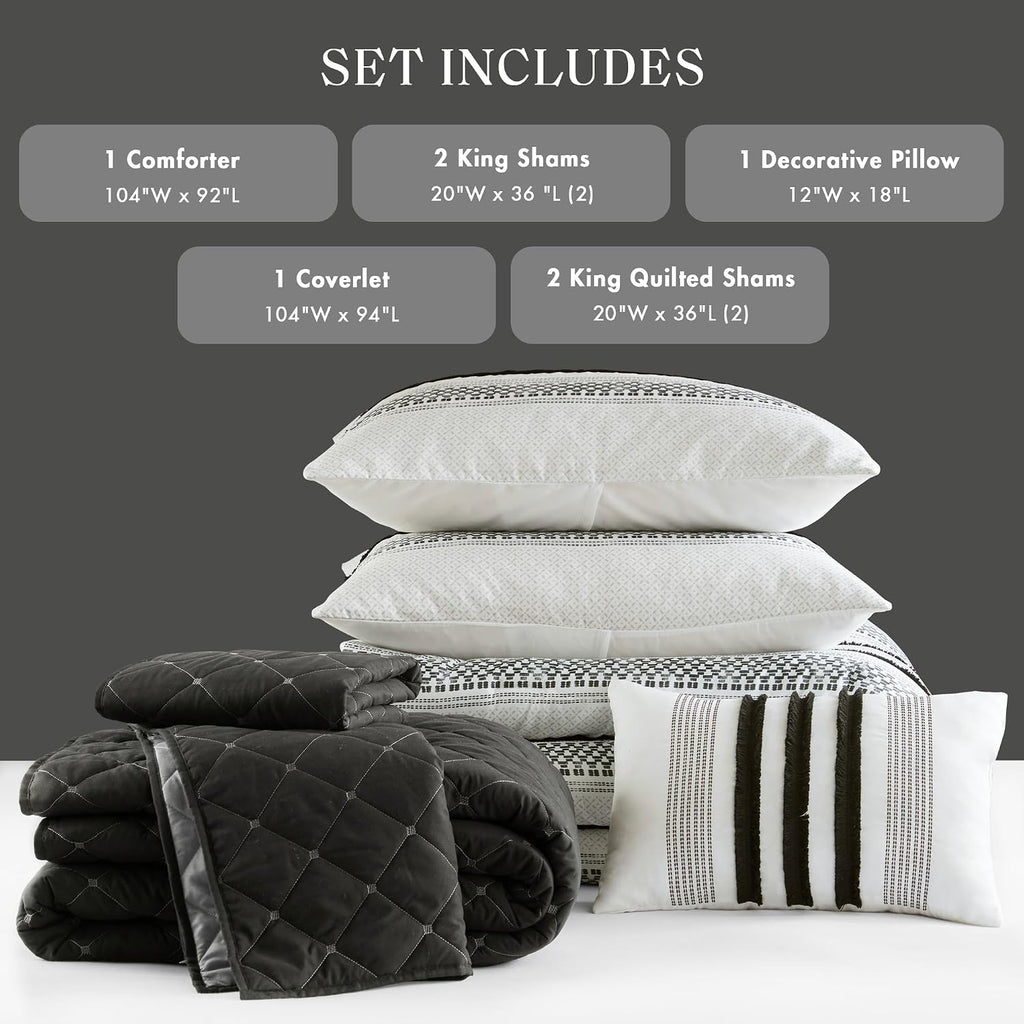 Madison Park King Comforter Set and Quilt Set, Boho Comforter for King Size Bed with Diamond Quilted Coverlet Set, All Season King Size Bedding, Matching Shams, Carolina, King/Cal King Black 7 Piece