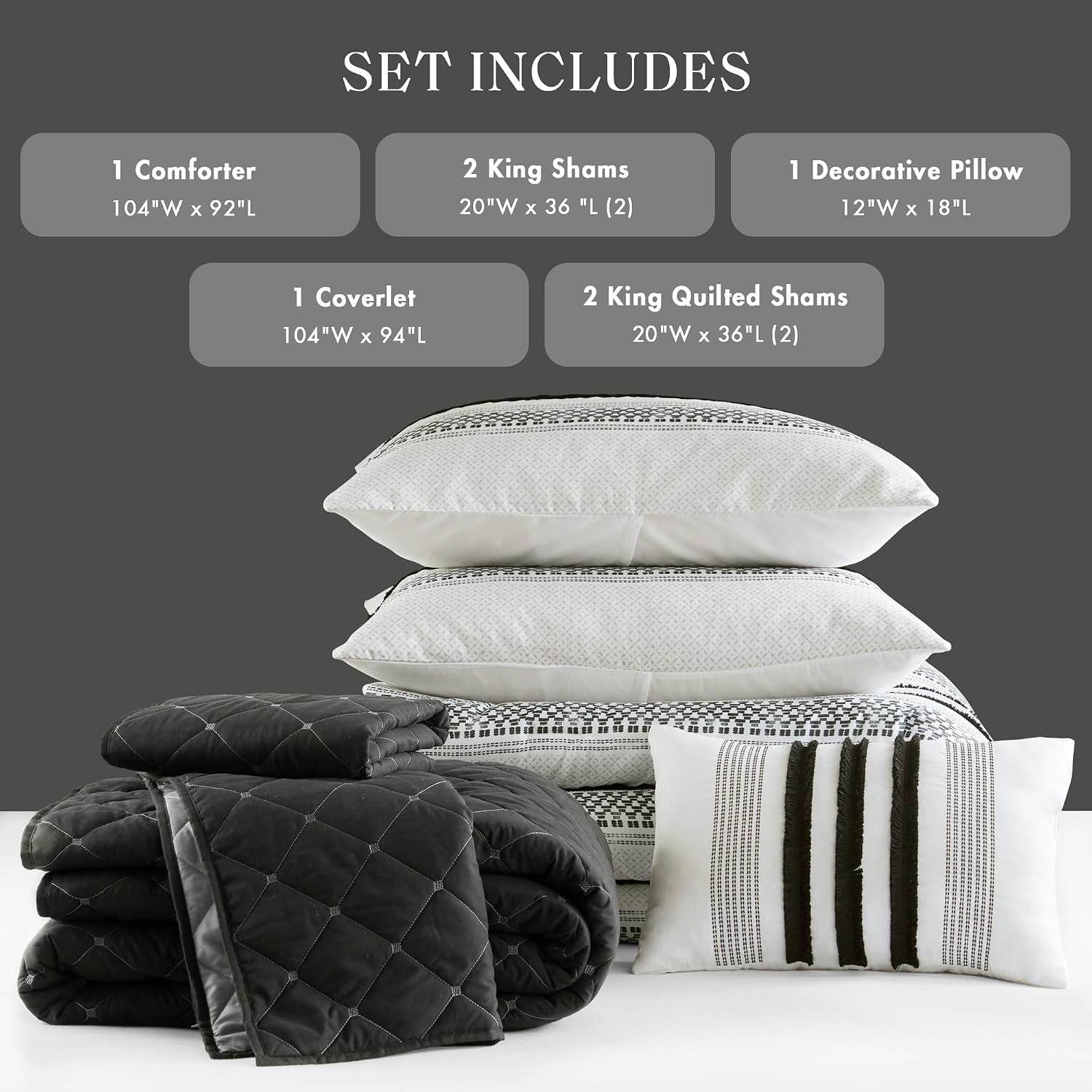 Madison Park King Comforter Set and Quilt Set, Boho Comforter for King Size Bed with Diamond Quilted Coverlet Set, All Season King Size Bedding, Matching Shams, Carolina, King/Cal King Black 7 Piece