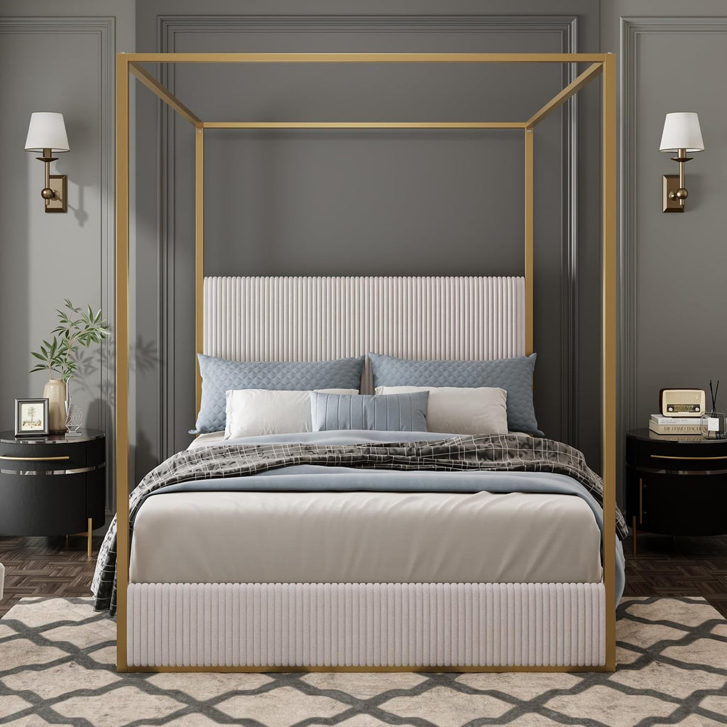 LUMISOL Queen Size Upholstered Canopy Bed, Metal 4 Poster Bed with Tall Corduroy Headboard, Gold Canopy 4 Poster Bed Frame with Headboard for Kids Teens Adults, No Box Spring Needed, Beige