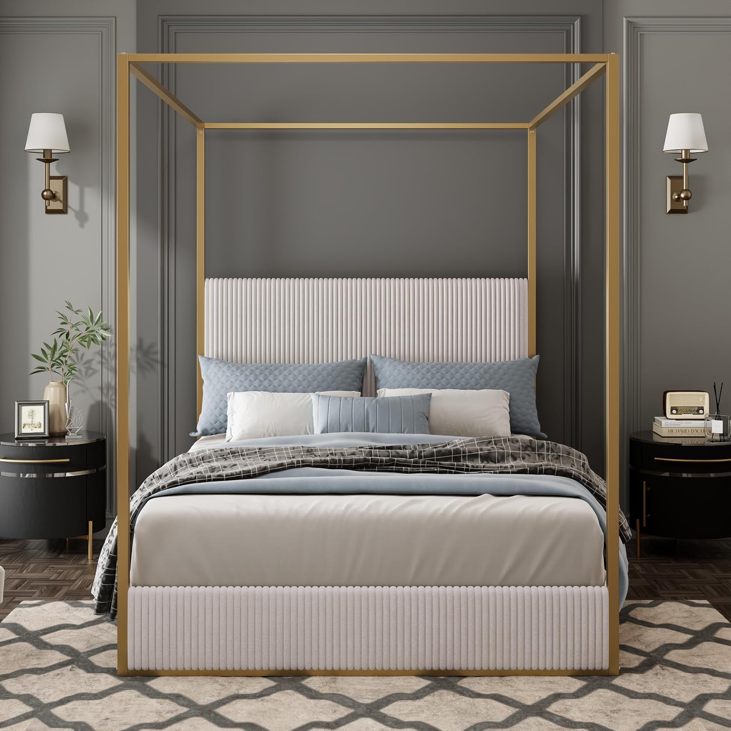 LUMISOL Queen Size Upholstered Canopy Bed, Metal 4 Poster Bed with Tall Corduroy Headboard, Gold Canopy 4 Poster Bed Frame with Headboard for Kids Teens Adults, No Box Spring Needed, Beige