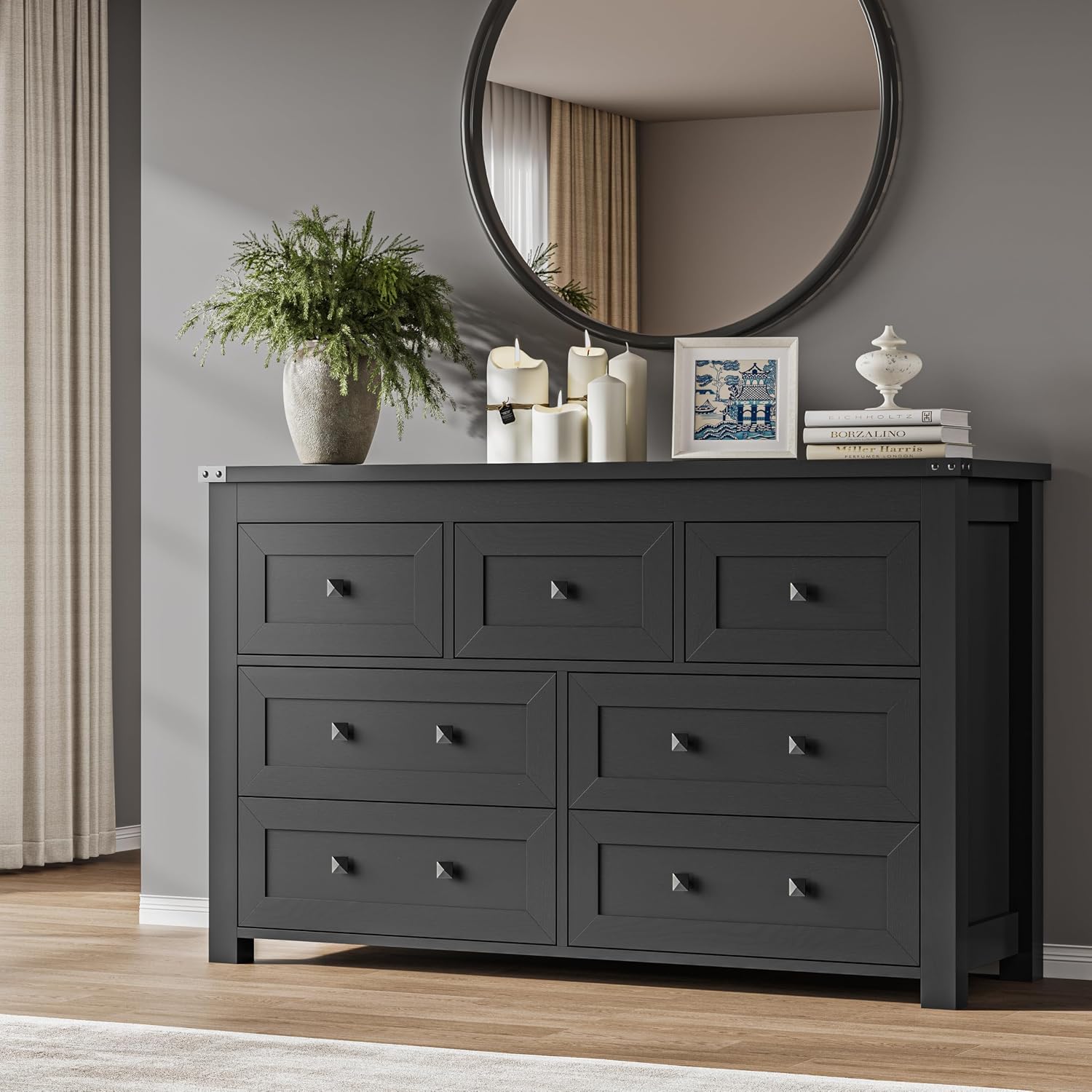 BORNOON 7-Drawer Dresser, Modern Wooden Storage Chest of Drawers, Dresser TV Stand, Wood Drawer Organizer with Metal Handles for Bedroom, Living Room, Hallway