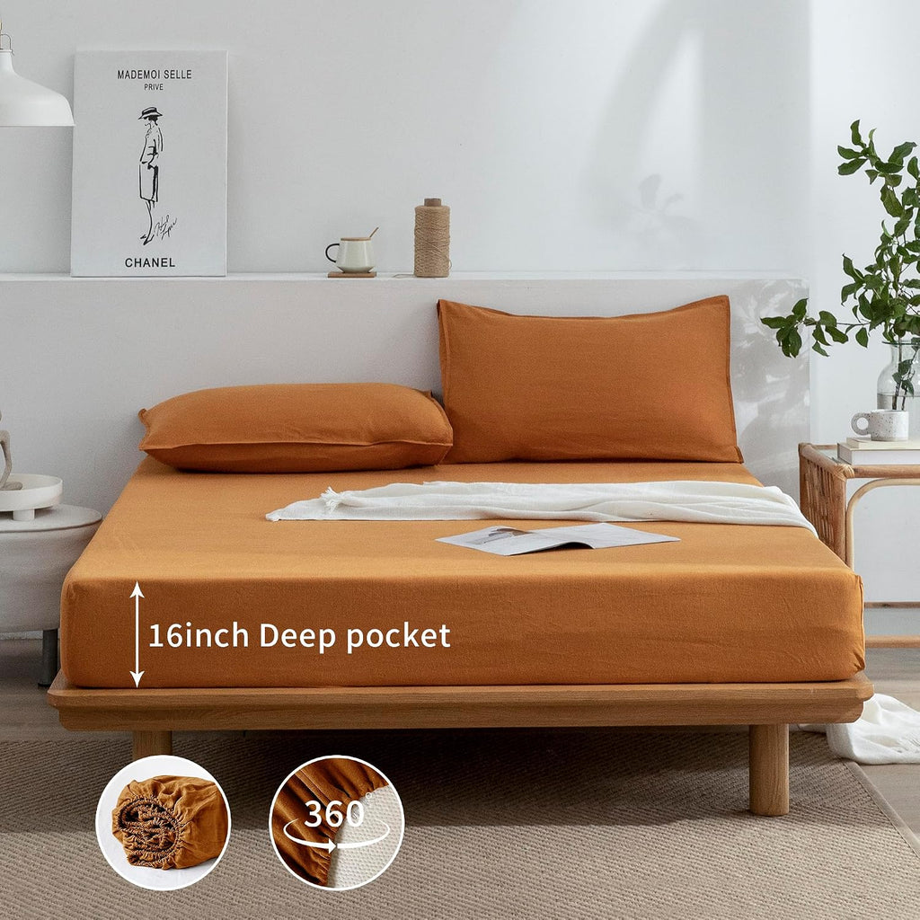 EVERLY Linen Sheets Set Queen Size,100% French Stonewash Pure Linen Sheets Set,4Pieces (1Flat Sheet,1Fitted Sheet,2Pillowcase) Suitable for Hot Sleepers,Deep Pocket Natural Bedding Set-Caramel-Queen