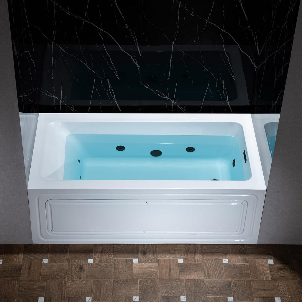 WOODBRIDGE 60' x 30' Alcove Acrylic Rectangular Whirlpool Heated Jetted Tub in White with right Drain, Matte Black Finish, BS666-R-MB02