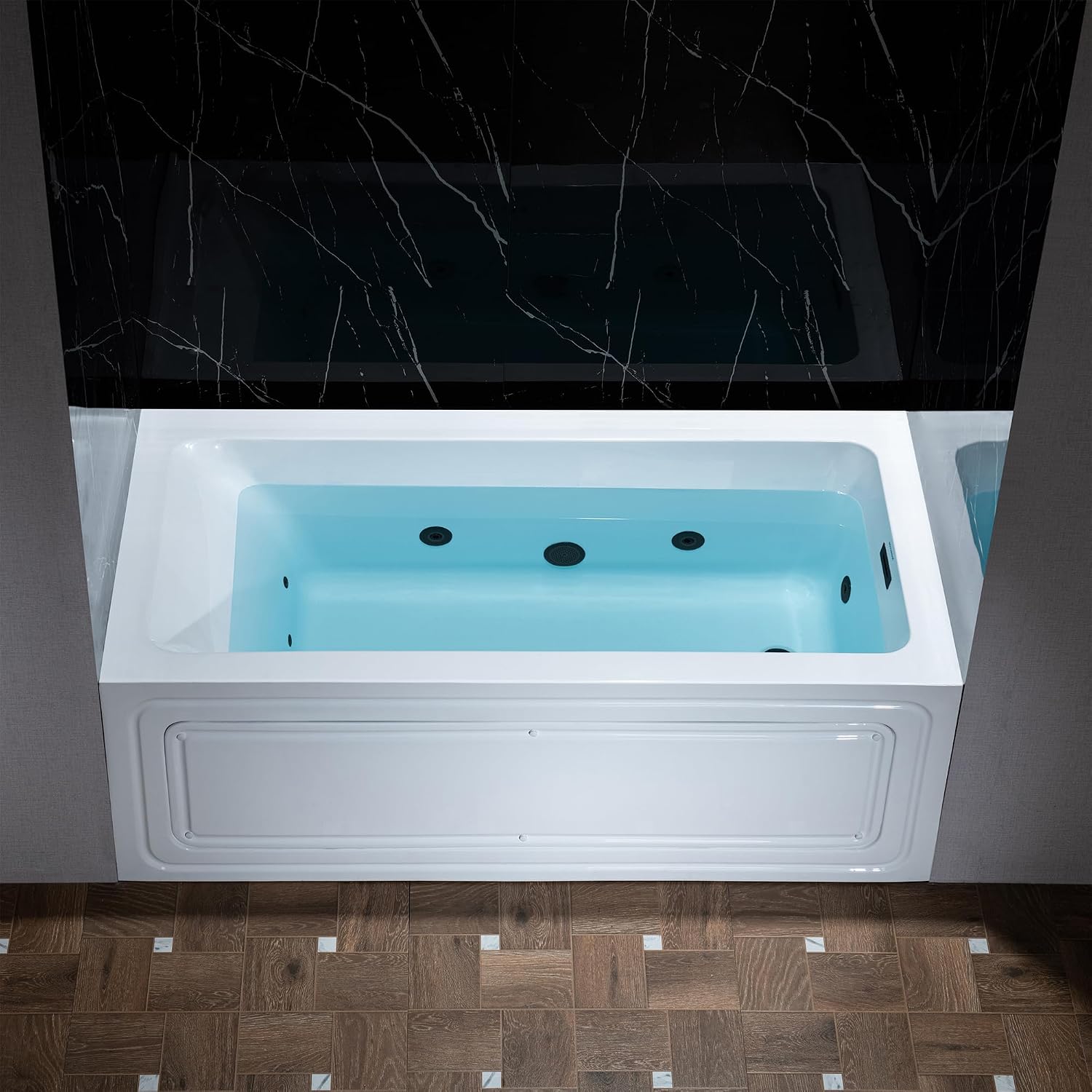 WOODBRIDGE 60' x 30' Alcove Acrylic Rectangular Whirlpool Heated Jetted Tub in White with right Drain, Matte Black Finish, BS666-R-MB02