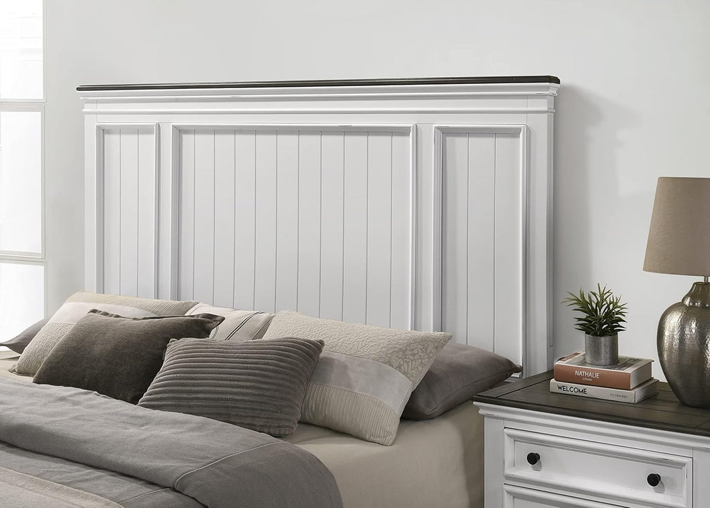 Clelane Wood Bedroom Set with Shiplap Panel King Bed, Dresser, Mirror, and Two Nightstands in Weathered White and Dark Gray