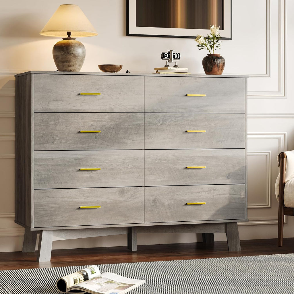 BORNOON Dresser for Bedroom with 8-Drawer, 37' Tall Modern Chest of Drawers with Metal Handles, X-Shape Base & Adjustable Center Leg, Anti-Tip Closet Organizers and Storage