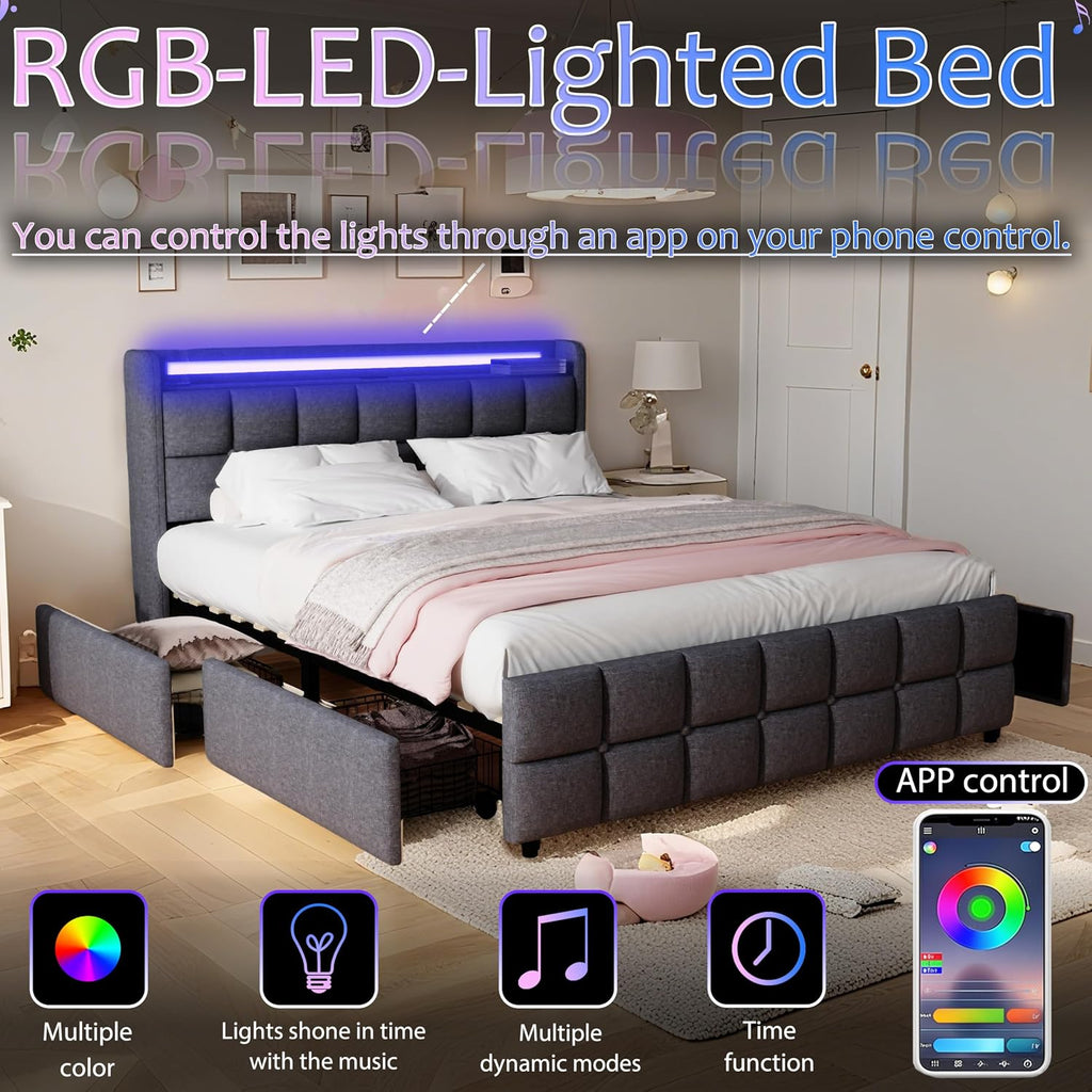 Modern LED Storage Bed with Charging Station All-Metal Platform Bed Frame Featuring 2-Tier Headboard, 4 Storage Drawers, and Easy Assembly(201-Gray, Full)