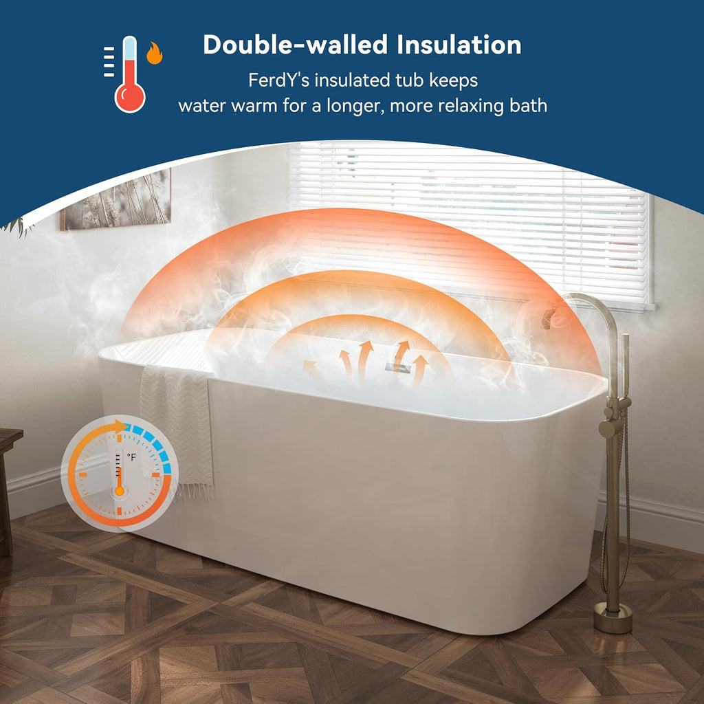 FerdY Maui 67' Acrylic Freestanding Bathtub, Contemporary Elegant Design Soaking Tub, Easy to Instal with Brushed Nickel Drain and Minimalist Linear Design Overflowl