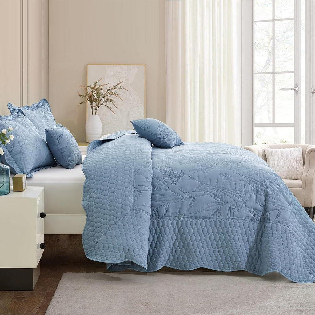 DaisyHuang Botanical Bedspread Full Size - Leaves Pattern Stitching Quilt Set - Elegant & Fresh Style Bedding Coverlets, Reversible, Lightweight, 5 Piece, Ashley Blue