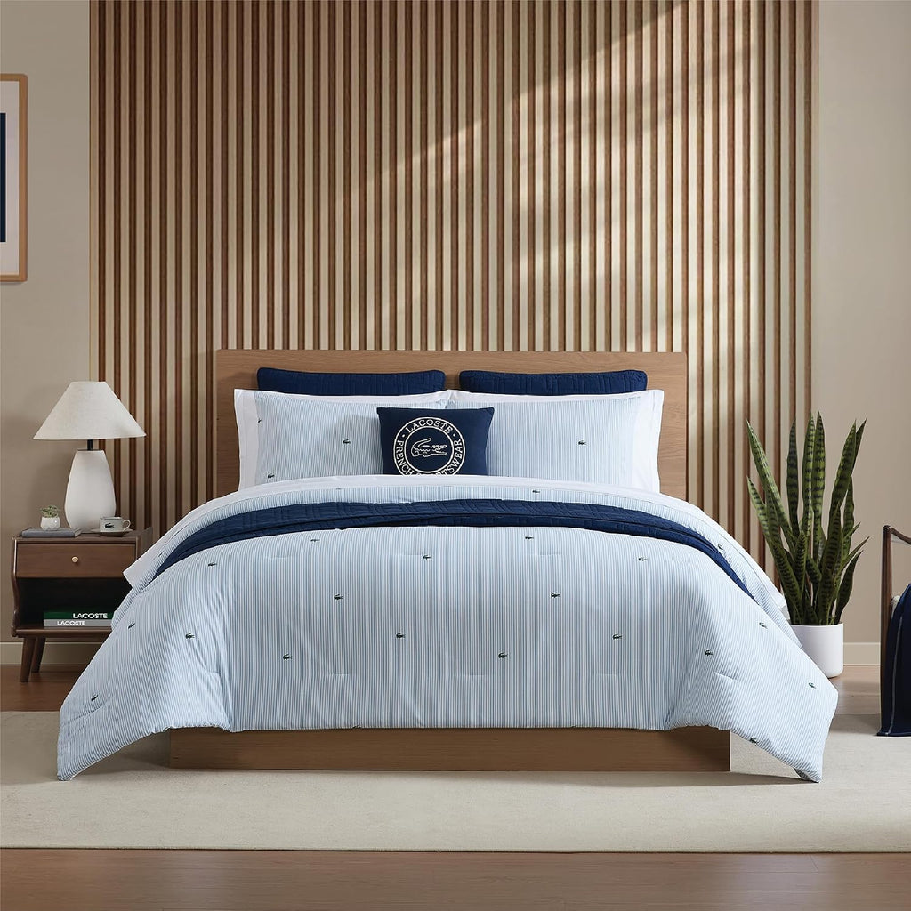 Lacoste Pinstripe Croc Comforter Set, 100% Percale Cotton 180TC, Breathable All Season Bedding with Embroidered Crocodile Logo, Blue, Full/Queen