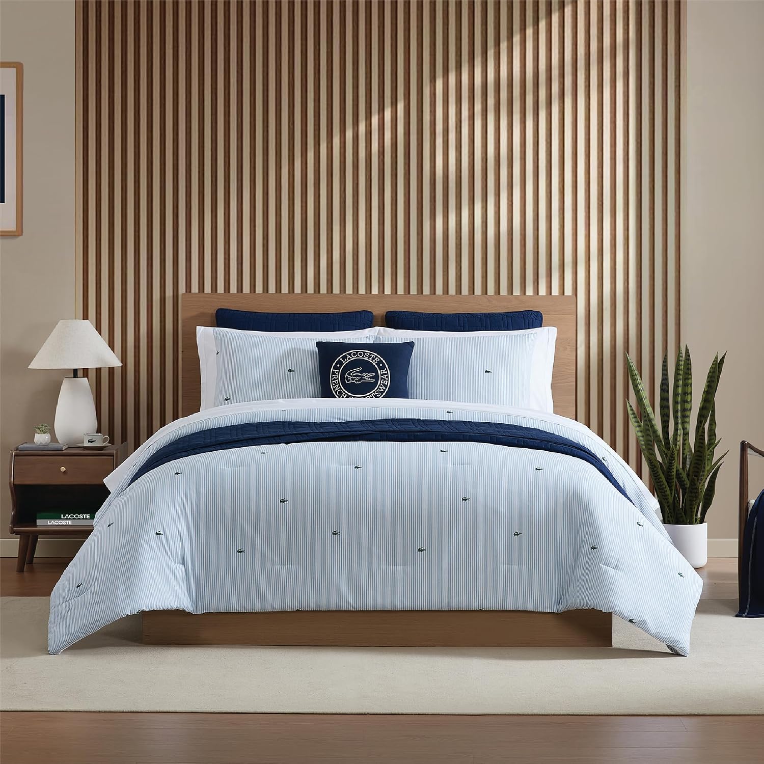 Lacoste Pinstripe Croc Comforter Set, 100% Percale Cotton 180TC, Breathable All Season Bedding with Embroidered Crocodile Logo, Blue, Full/Queen